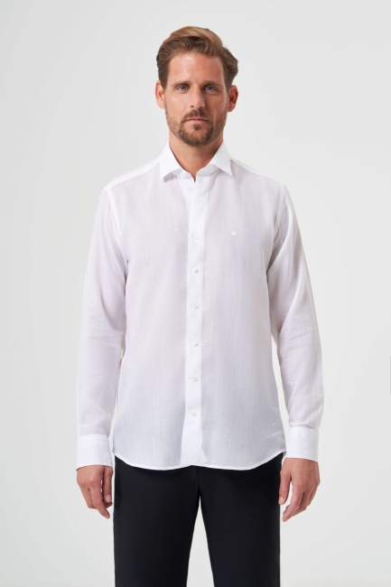 Regular Fit Beyaz Klasik Düz Erkek Gömlek - 1