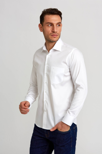 Regular Fit Beyaz Saten Klasik Erkek Gömlek - 5