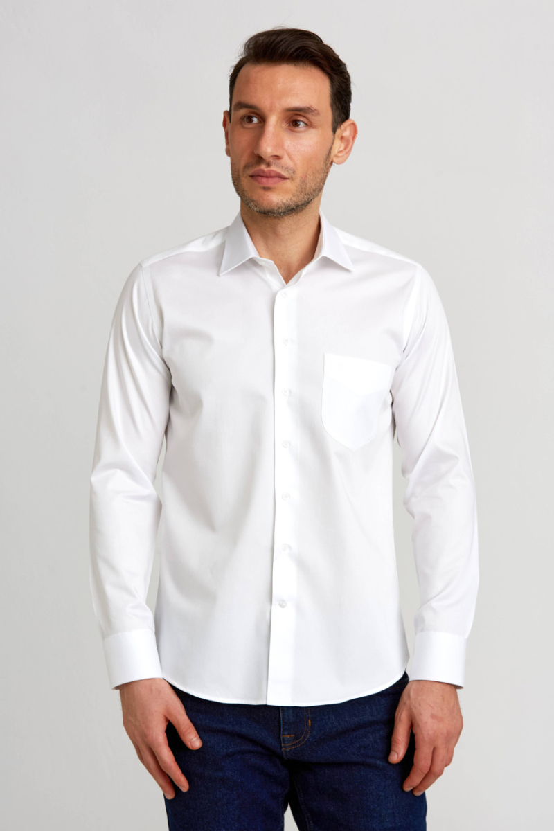 Regular Fit Beyaz Saten Klasik Erkek Gömlek