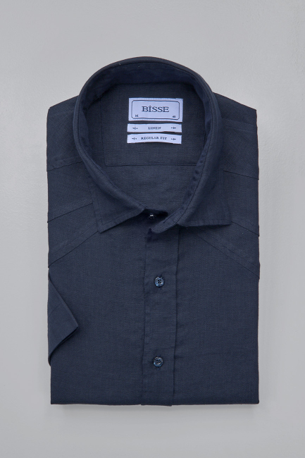 Regular Fit Birit Yaka Lacivert Keten Erkek Gömlek - 3