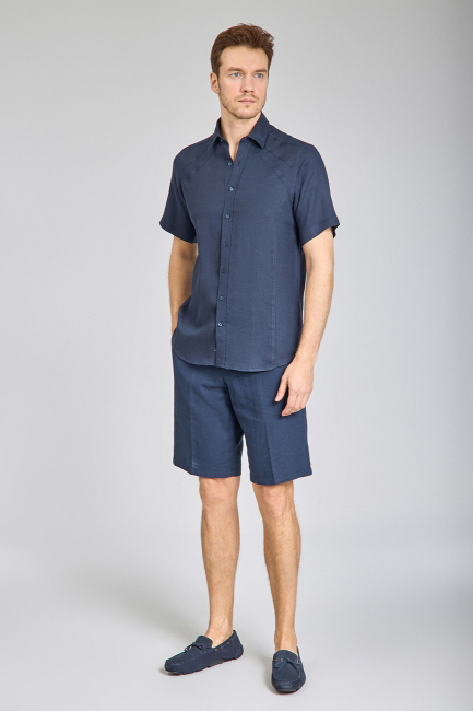 Regular Fit Birit Yaka Lacivert Keten Erkek Gömlek - 5