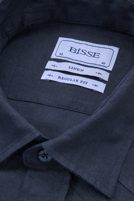 Regular Fit Birit Yaka Lacivert Keten Erkek Gömlek - 4