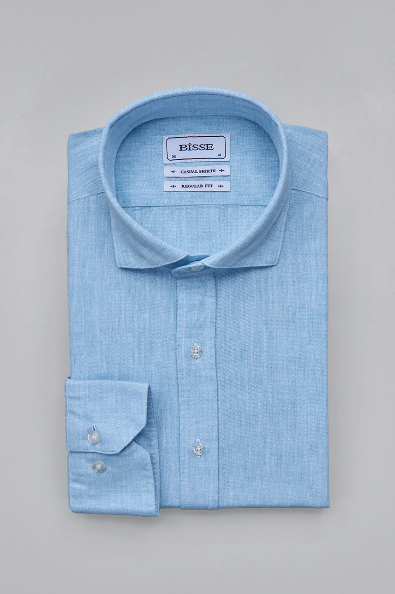 Regular Fit Birit Yaka Turkuaz Pamuk Keten Erkek Gömlek - 3