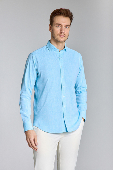 Regular Fit Birit Yaka Turkuaz Pamuk Keten Erkek Gömlek - 5