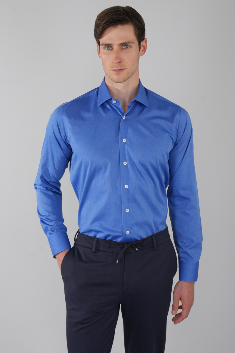 Regular Fit Cepsiz Pamuk Mavi Erkek Gömlek