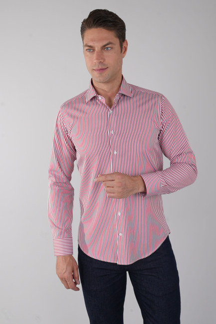 Regular Fit Cepsiz İtalyan Yaka Kırmızı Pamuk Erkek Gömlek