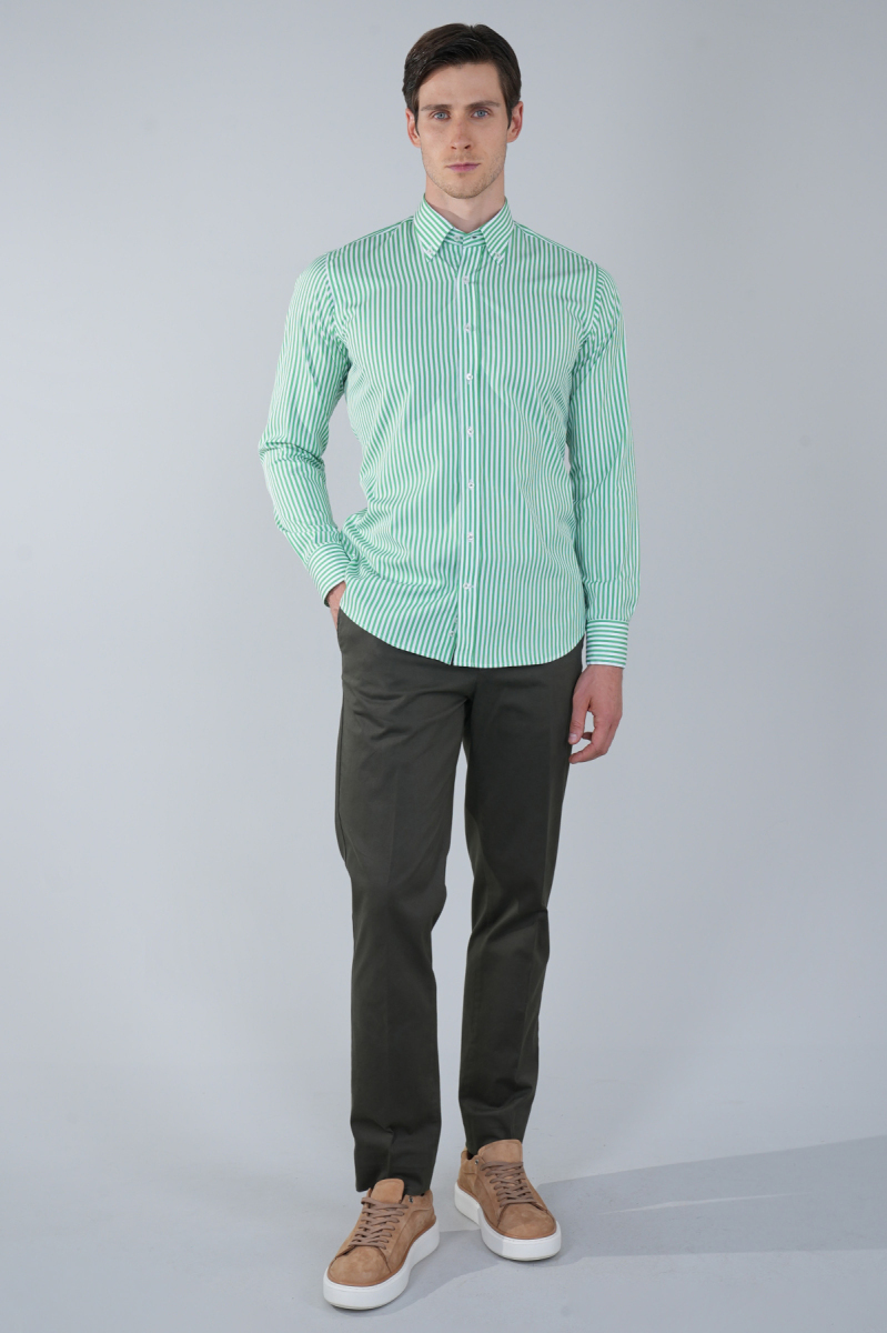 Regular Fit Cepsiz Yeşil Pamuk Erkek Gömlek - 5