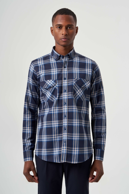 Regular Fit Çift Cepli Ekoseli Lacivert Spor Erkek Gömlek - 1