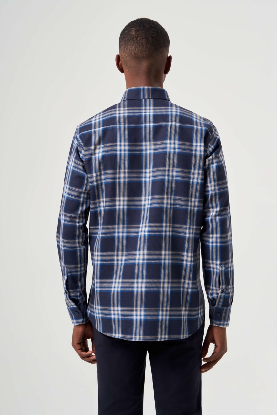 Regular Fit Çift Cepli Ekoseli Lacivert Spor Erkek Gömlek (1)