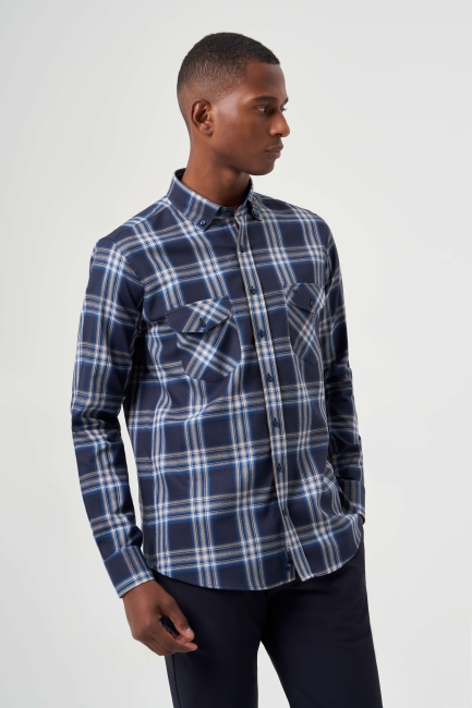Regular Fit Çift Cepli Ekoseli Lacivert Spor Erkek Gömlek - 4