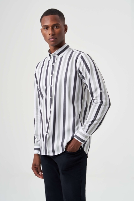 Regular Fit Çizgili Açık Yeşil Erkek Spor Gömlek - 1