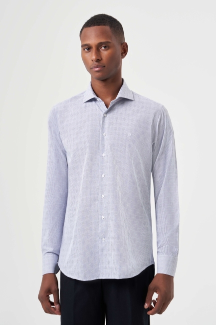 Regular Fit Çizgili Klasik Lacivert Erkek Gömlek - 1