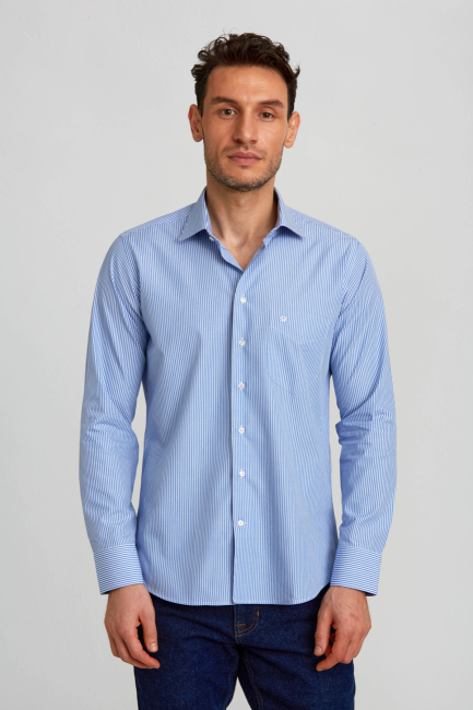 Regular Fit Çizgili Mavi Basic Erkek Gömlek - 4