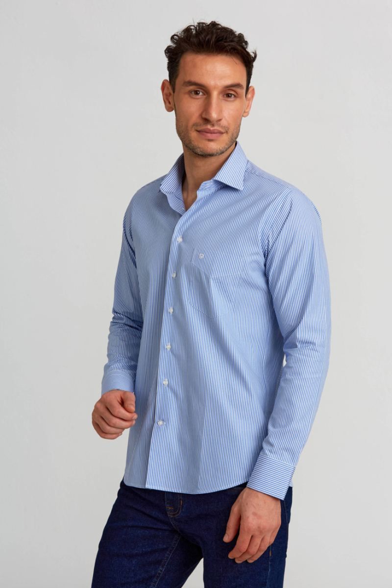 Regular Fit Çizgili Mavi Basic Erkek Gömlek
