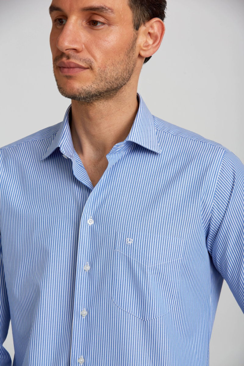 Regular Fit Çizgili Mavi Basic Erkek Gömlek - 5