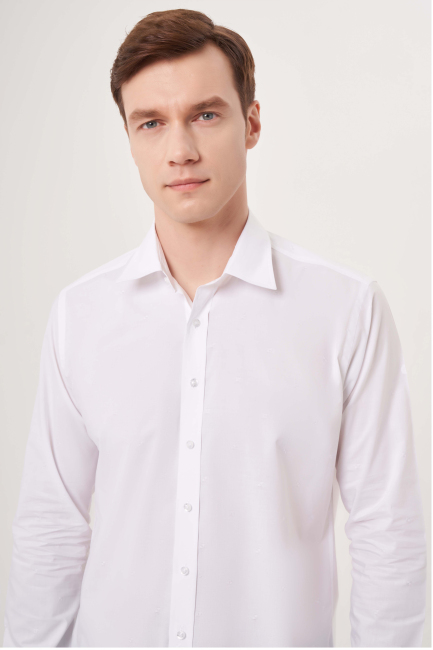 Regular Fit Düz Beyaz Spor Erkek Gömlek - 3