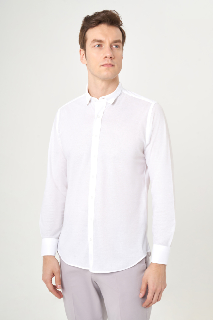 Regular Fit Düz Klasik Beyaz Erkek Gömlek - 3