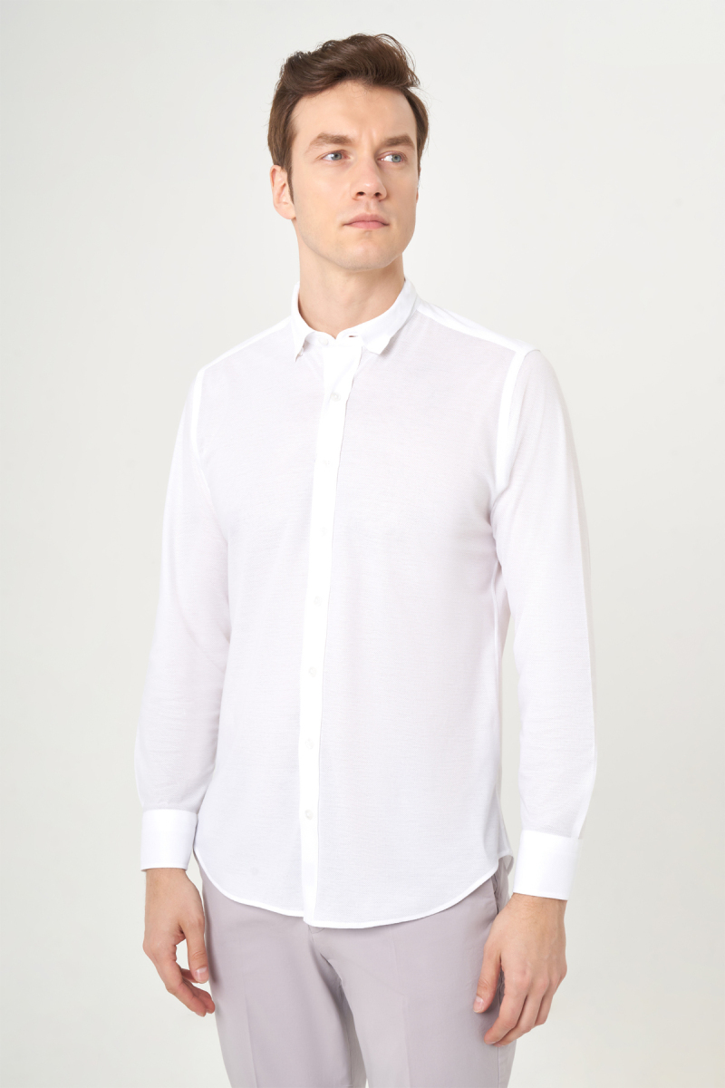 Regular Fit Düz Klasik Beyaz Erkek Gömlek - 3