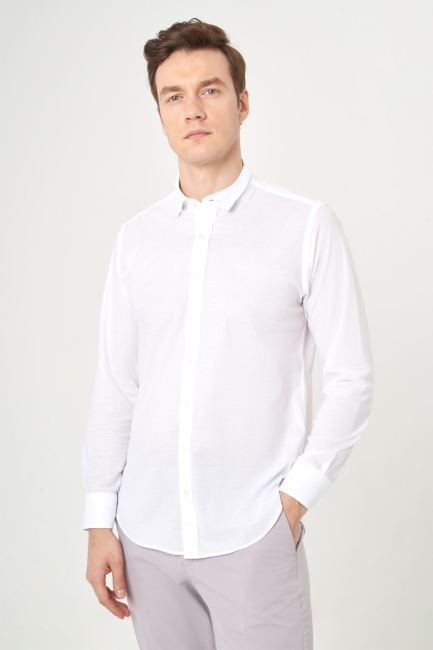 Regular Fit Düz Klasik Beyaz Erkek Gömlek - 1