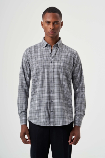 Regular Fit Ekose Desenli Gri Flanel Erkek Gömlek - 1