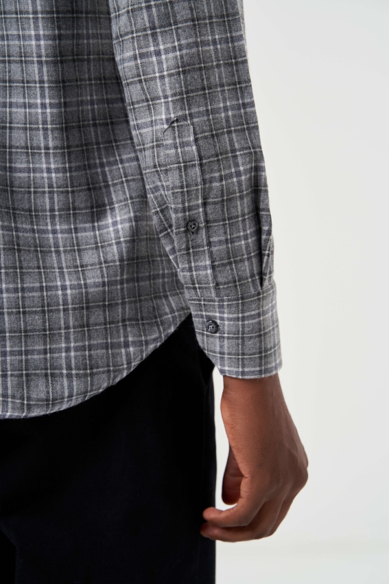 Regular Fit Ekose Desenli Gri Flanel Erkek Gömlek - 4