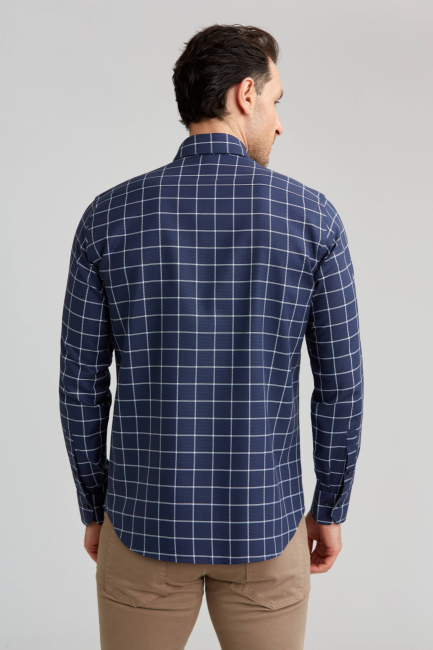 Regular Fit Ekoseli Beyaz Çizgili Spor Erkek Gömlek - 2