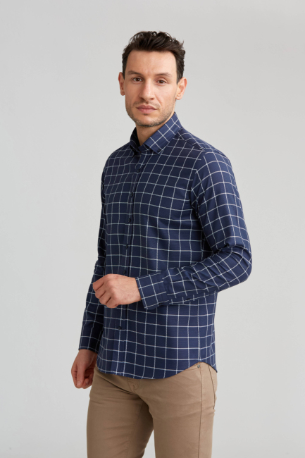 Regular Fit Ekoseli Beyaz Çizgili Spor Erkek Gömlek - 5