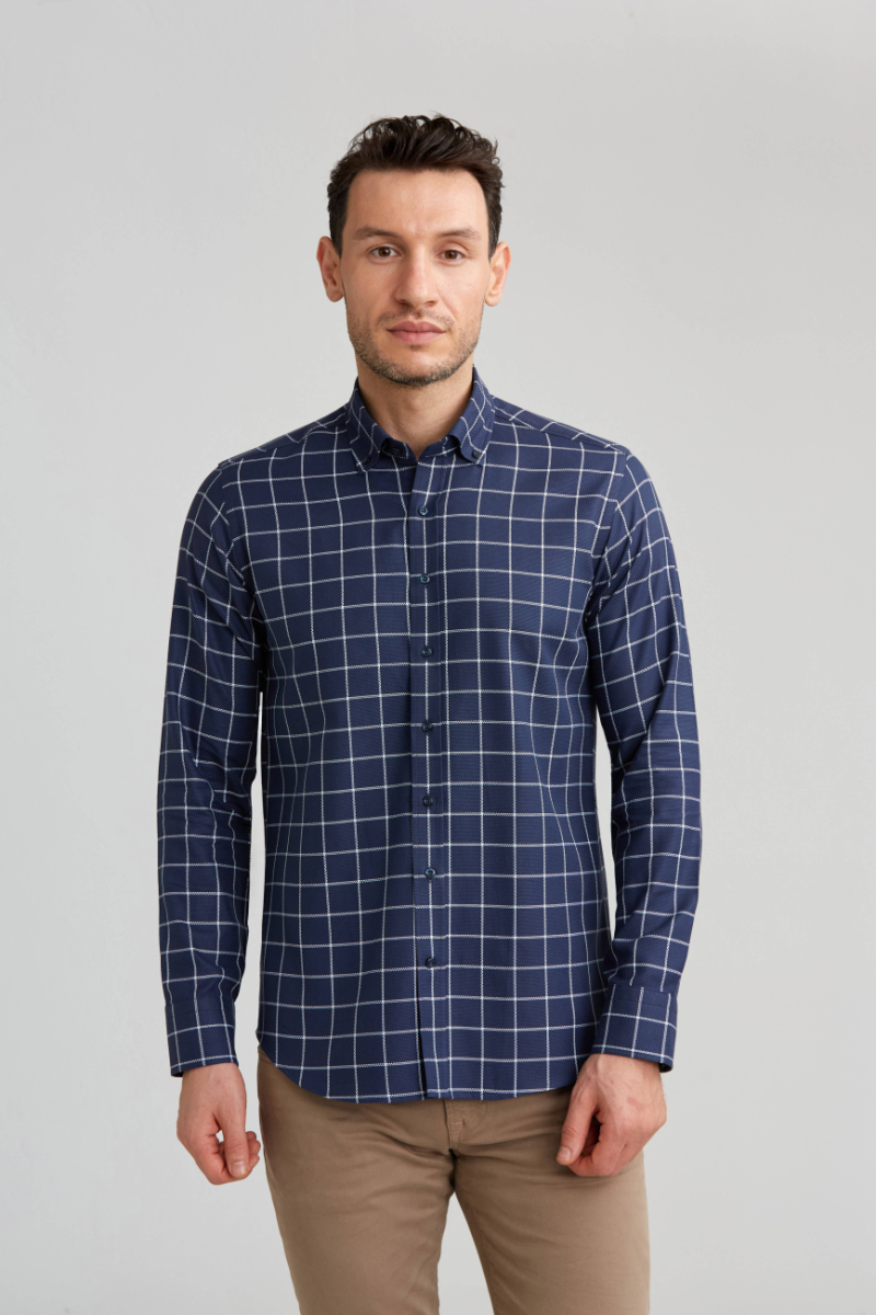 Regular Fit Ekoseli Beyaz Çizgili Spor Erkek Gömlek - 1