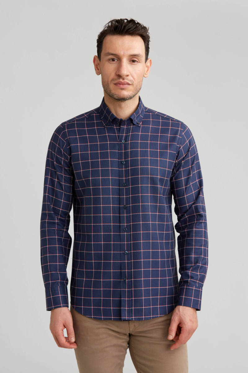 Regular Fit Ekoseli Kırmızı Çizgili Spor Erkek Gömlek