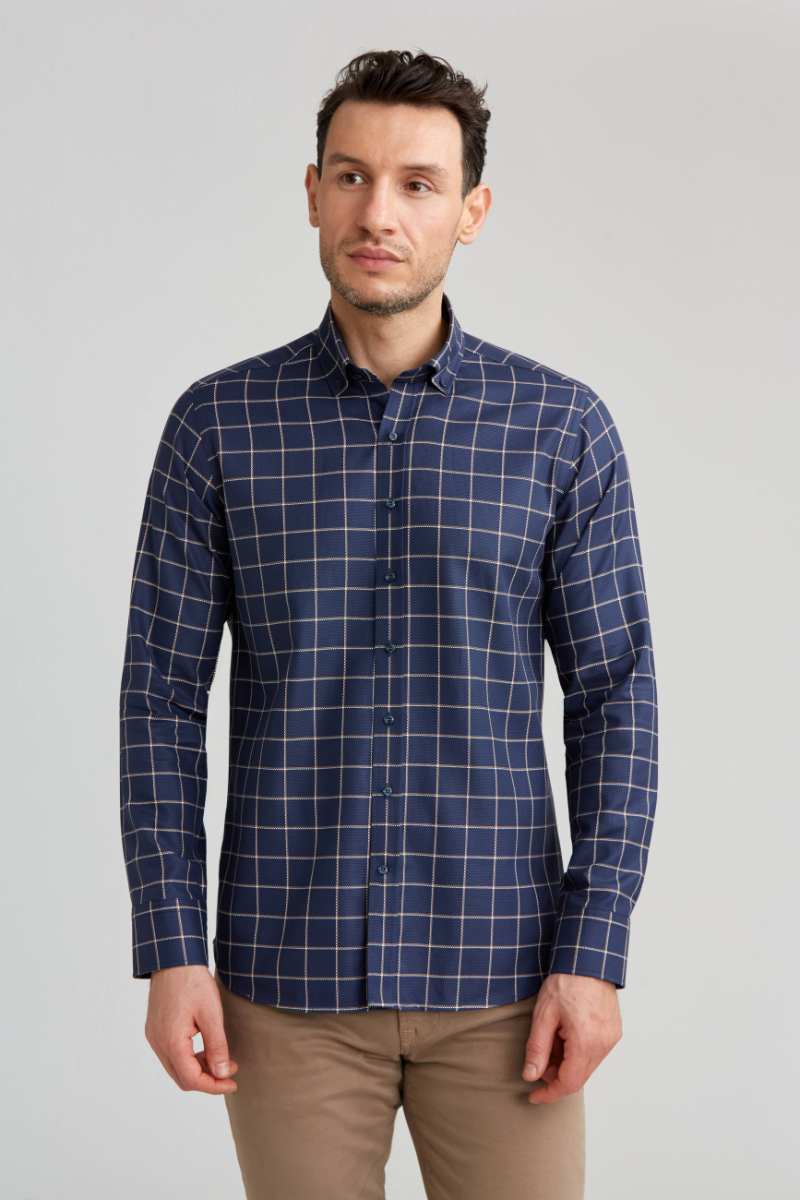 Regular Fit Ekoseli Lacivert Çizgili Spor Erkek Gömlek