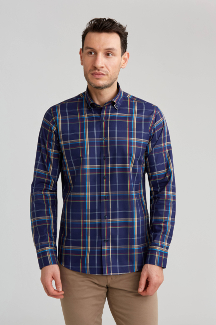 Regular Fit Ekoseli Lacivert Spor Erkek Gömlek - 1