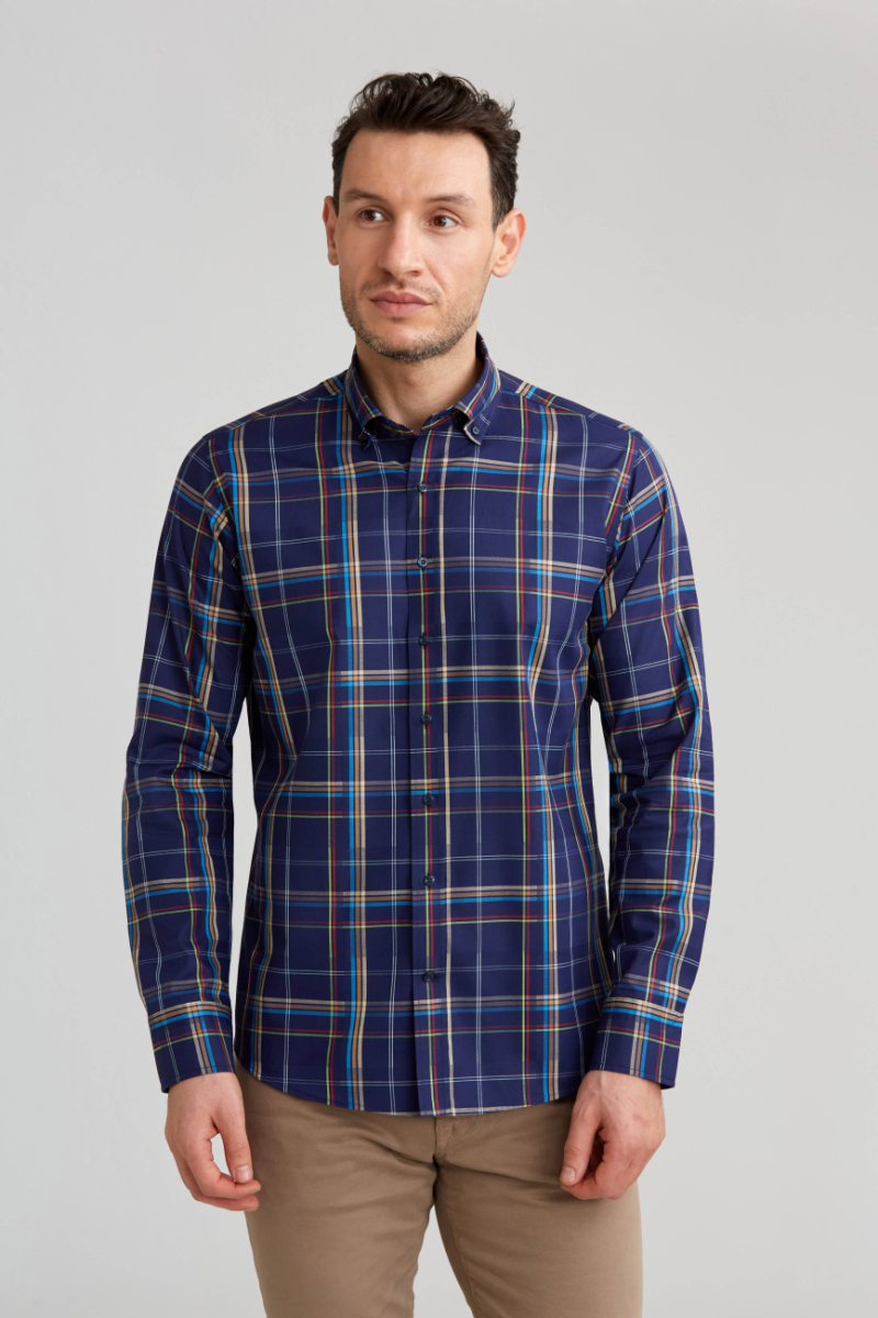 Regular Fit Ekoseli Lacivert Spor Erkek Gömlek - 1