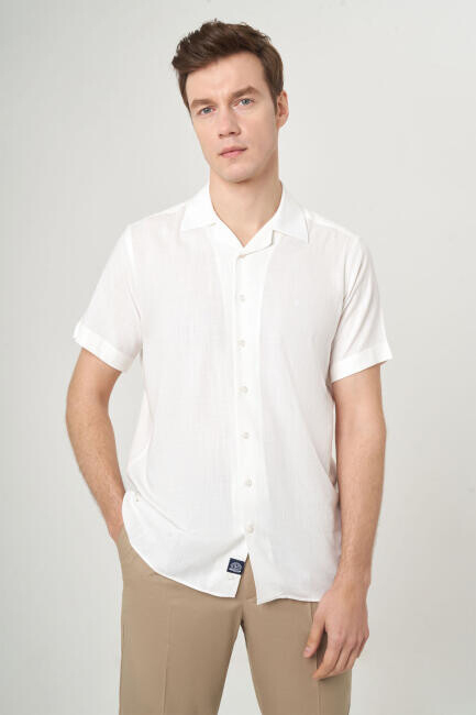 Regular Fit Ekru Renk Kısa Kollu Erkek Gömlek