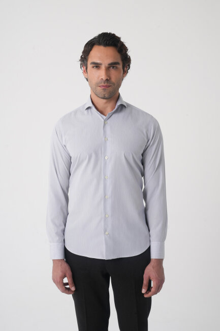 Regular Fit Erkek Napoli Yaka Uzun Kol Cepsiz Pamuk Gri Gömlek