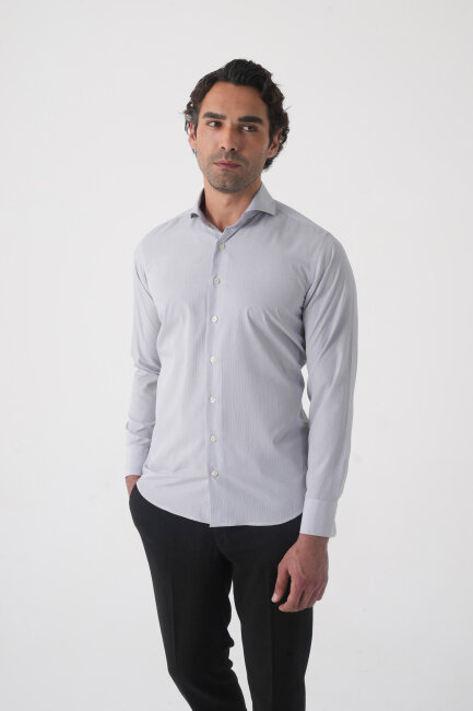 Regular Fit Erkek Napoli Yaka Uzun Kol Cepsiz Pamuk Gri Gömlek (1)