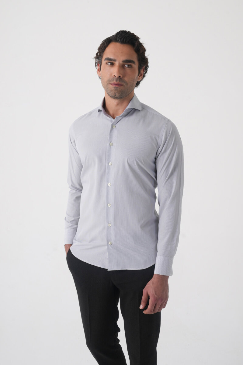 Regular Fit Erkek Napoli Yaka Uzun Kol Cepsiz Pamuk Gri Gömlek (1)