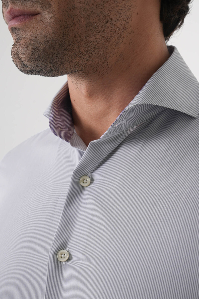 Regular Fit Erkek Napoli Yaka Uzun Kol Cepsiz Pamuk Gri Gömlek - 5