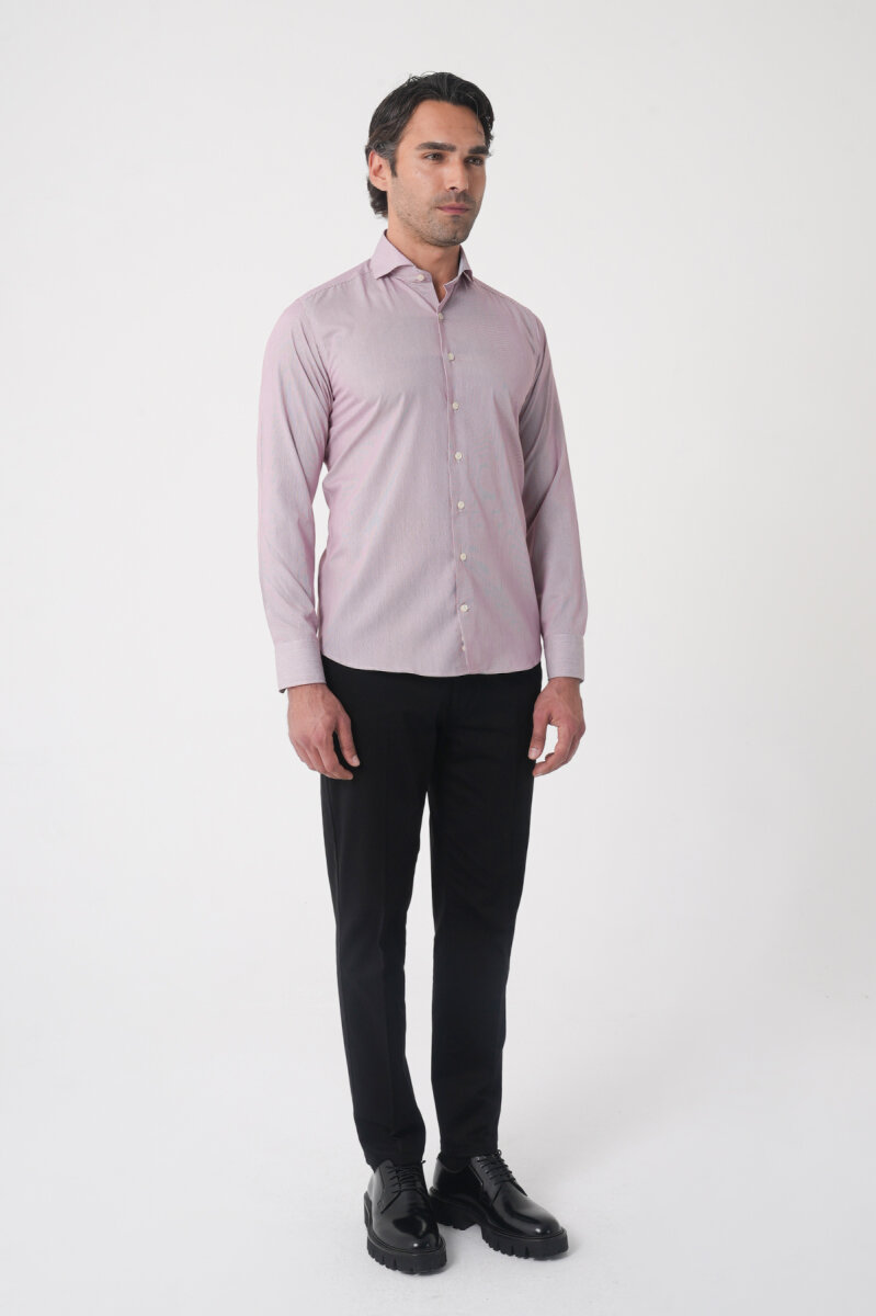 Regular Fit Erkek Napoli Yaka Uzun Kol Cepsiz Pamuk Kırmızı Gömlek - 4