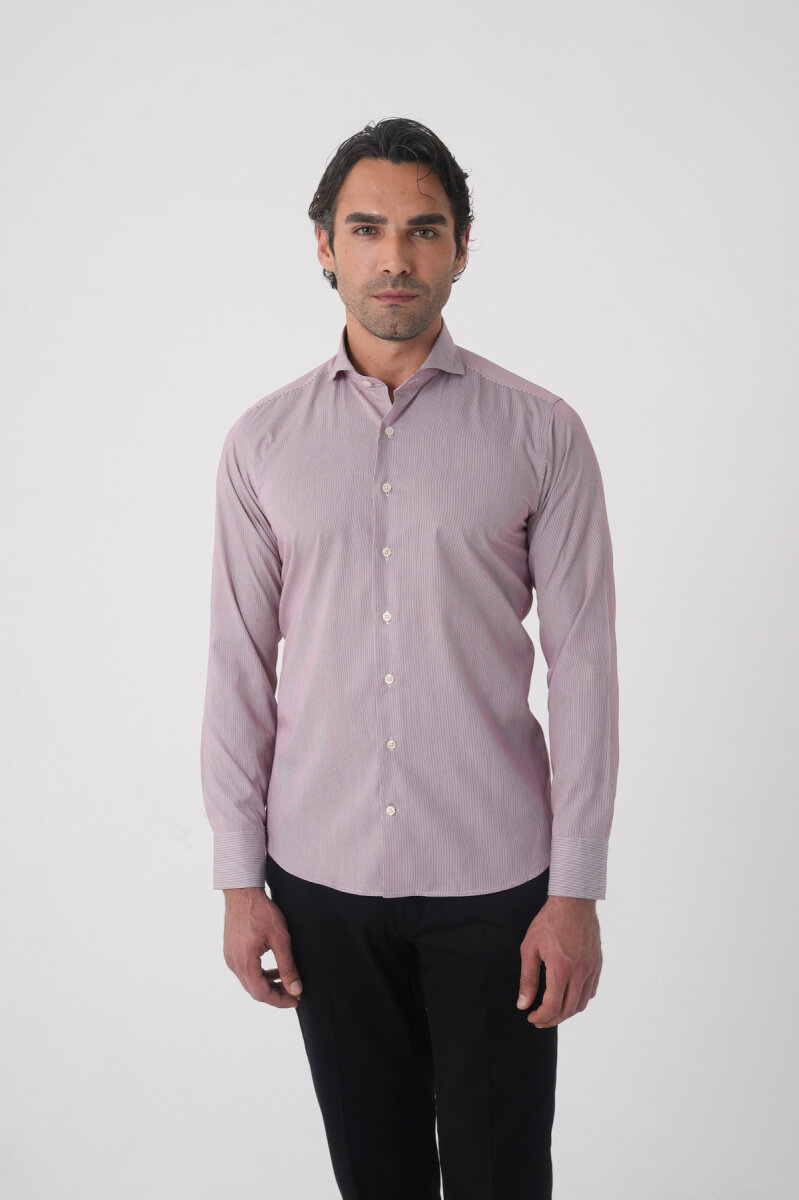 Regular Fit Erkek Napoli Yaka Uzun Kol Cepsiz Pamuk Kırmızı Gömlek - 1