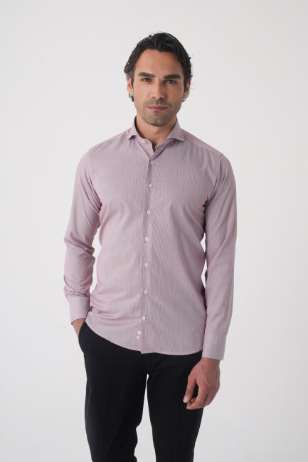 Regular Fit Erkek Napoli Yaka Uzun Kol Cepsiz Pamuk Kırmızı Gömlek (1)