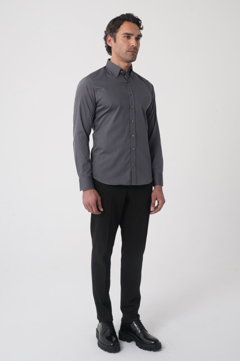 Regular Fit Erkek Uzun Kol Cepsiz Pamuk Antrasit Gömlek - 4