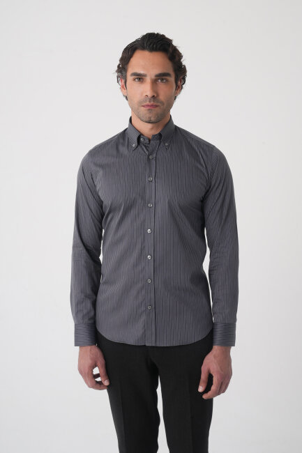 Regular Fit Erkek Uzun Kol Cepsiz Pamuk Antrasit Gömlek