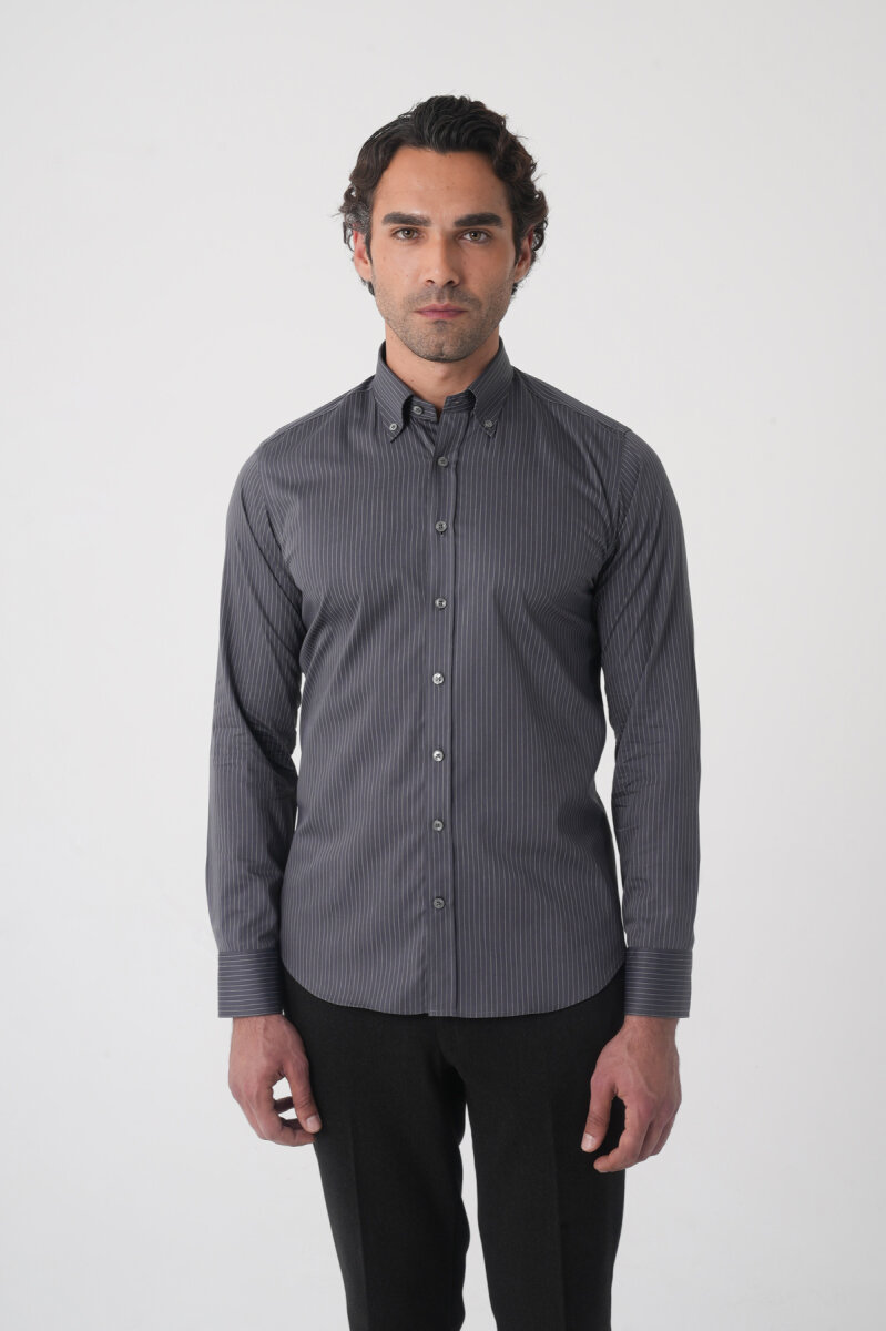 Regular Fit Erkek Uzun Kol Cepsiz Pamuk Antrasit Gömlek - 1