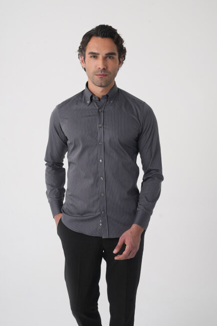 Regular Fit Erkek Uzun Kol Cepsiz Pamuk Antrasit Gömlek (1)