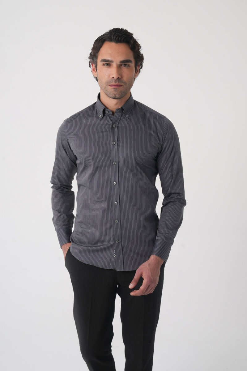 Regular Fit Erkek Uzun Kol Cepsiz Pamuk Antrasit Gömlek - 2