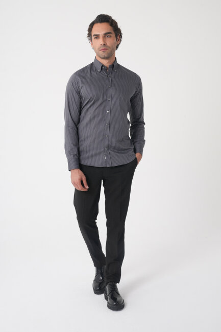 Regular Fit Erkek Uzun Kol Cepsiz Pamuk Antrasit Gömlek - 5