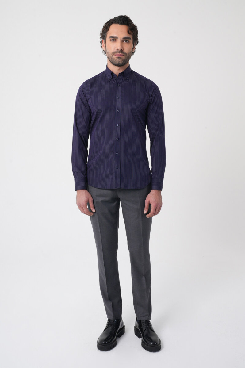 Regular Fit Erkek Uzun Kol Cepsiz Pamuk Lacivert Gömlek - 3
