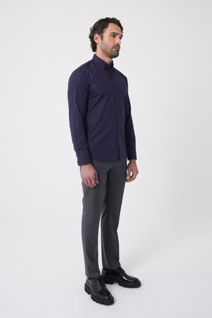 Regular Fit Erkek Uzun Kol Cepsiz Pamuk Lacivert Gömlek - 4