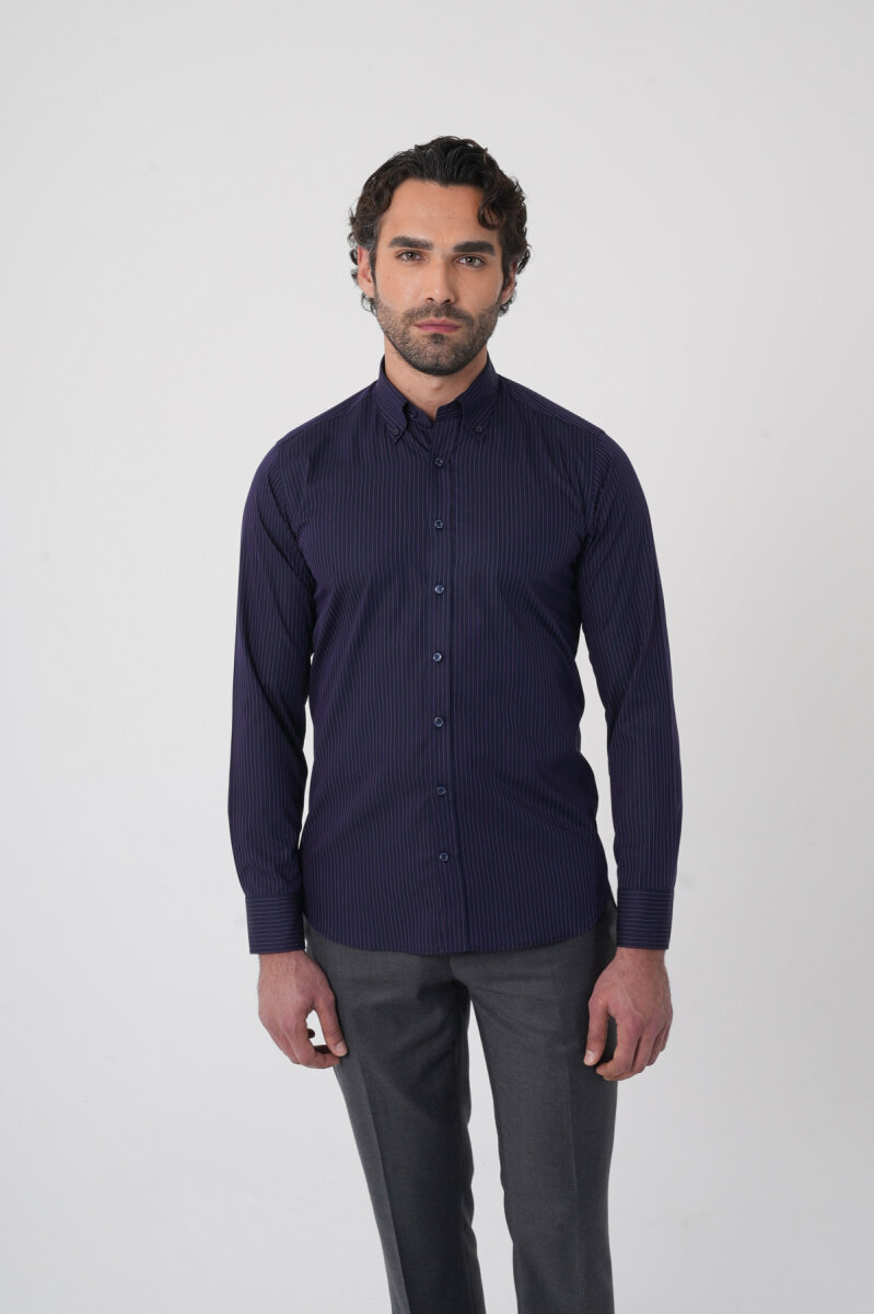 Regular Fit Erkek Uzun Kol Cepsiz Pamuk Lacivert Gömlek - 1