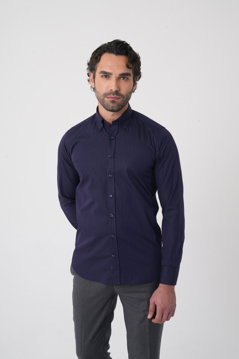 Regular Fit Erkek Uzun Kol Cepsiz Pamuk Lacivert Gömlek - 2